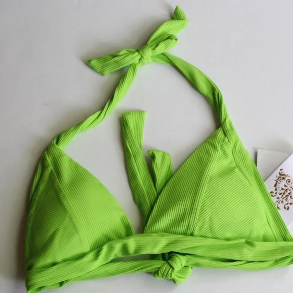 Becca by Rebecca Fine Line Ribbed Halter Bikini Top AND Bottoms Kiwi NEW Medium_2